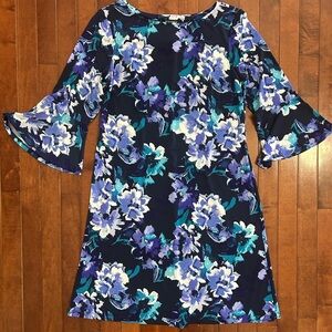 Roz & Ali Blue Floral Print Dress with Bell Sleeves Size Medium